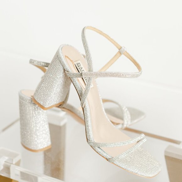 Badgley Mischka Rebekah Platinum Silver Women 8 Block Heel Sandal Fabric - Picture 12 of 14